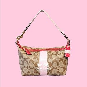 COACH Women Heritage Jacquard Signature Pink Canvas stripe shoulder bag